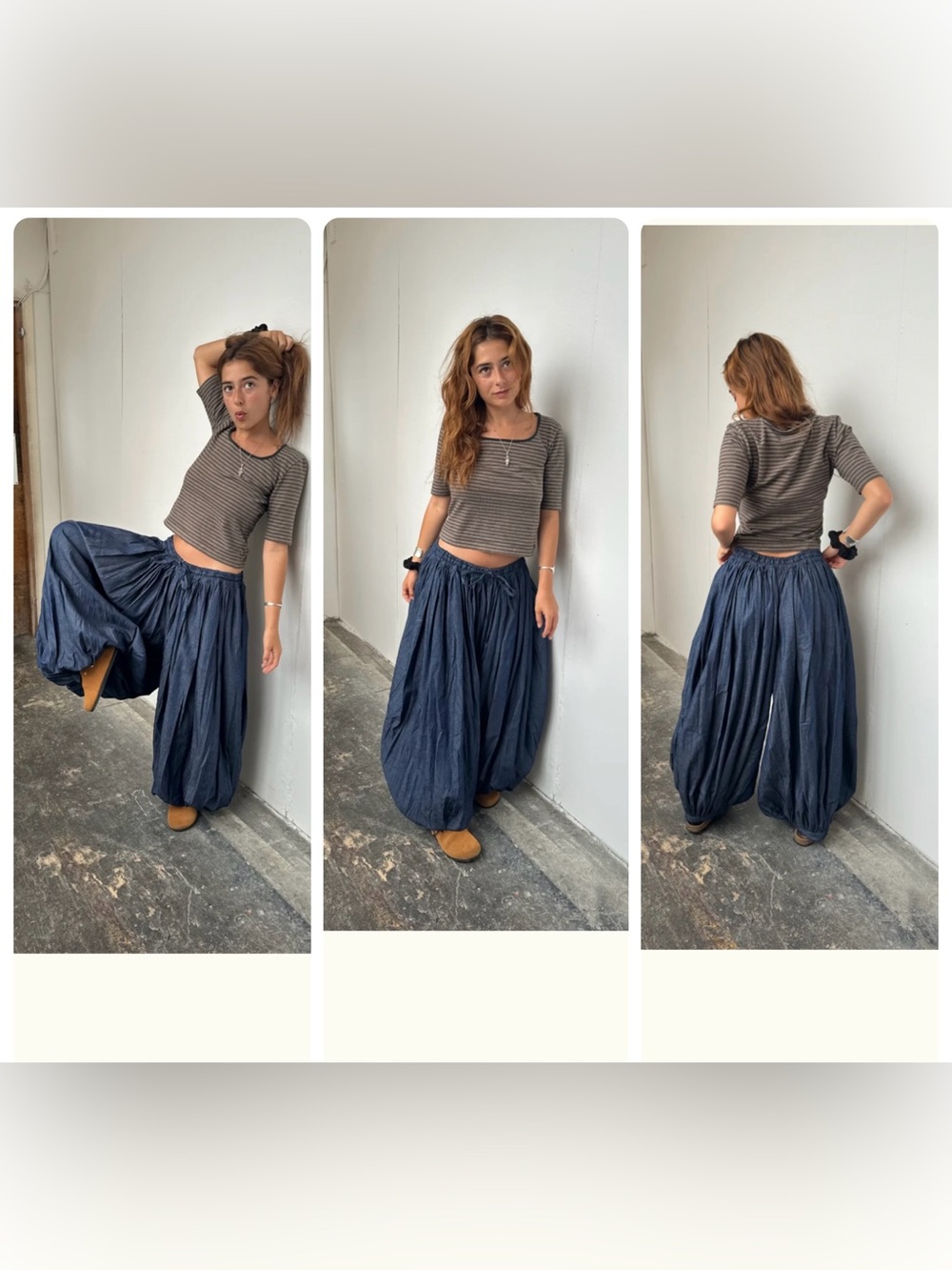 ARODAZI Blue Denim Oshi Trousers Balloon Harem Wide Leg Pants Drawstring SZ OS